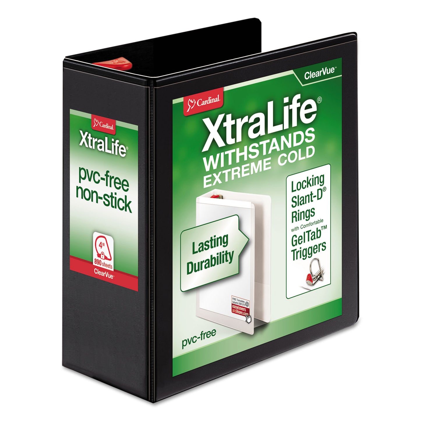 Cardinal XtraLife ClearVue Non-Stick Locking Slant-D Ring Binder, 3 Rings, 4" Capacity, 11 x 8.5, Black (26341)