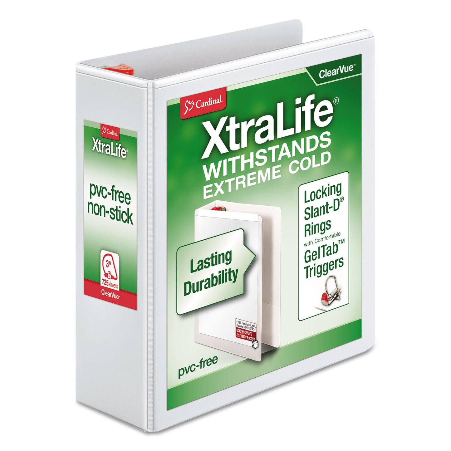 Cardinal XtraLife ClearVue Non-Stick Locking Slant-D Ring Binder, 3 Rings, 3" Capacity, 11 x 8.5, White (26330)