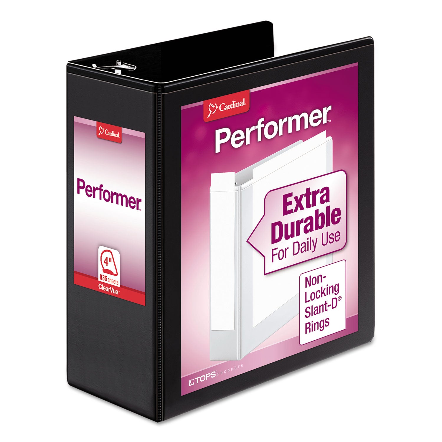 Cardinal Performer ClearVue Slant-D Ring Binder, 3 Rings, 4" Capacity, 11 x 8.5, Black (17811)