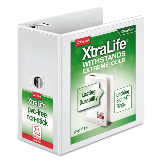 Cardinal XtraLife ClearVue Non-Stick Locking Slant-D Ring Binder, 3 Rings, 6" Capacity, 11 x 8.5, White (26360)