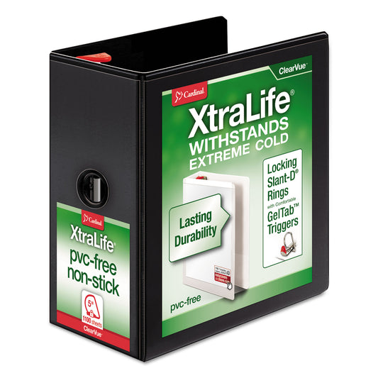 Cardinal XtraLife ClearVue Non-Stick Locking Slant-D Ring Binder, 3 Rings, 5" Capacity, 11 x 8.5, Black (26351)