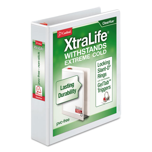 Cardinal XtraLife ClearVue Non-Stick Locking Slant-D Ring Binder, 3 Rings, 1.5" Capacity, 11 x 8.5, White (26310)