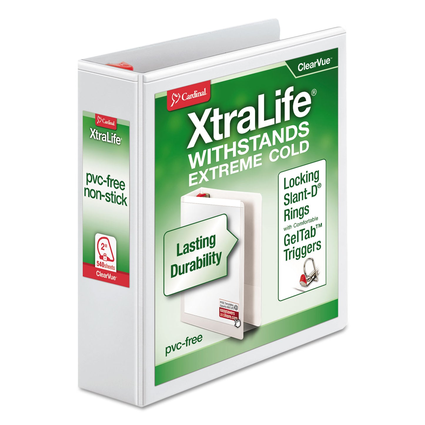 Cardinal XtraLife ClearVue Non-Stick Locking Slant-D Ring Binder, 3 Rings, 2" Capacity, 11 x 8.5, White (26320)