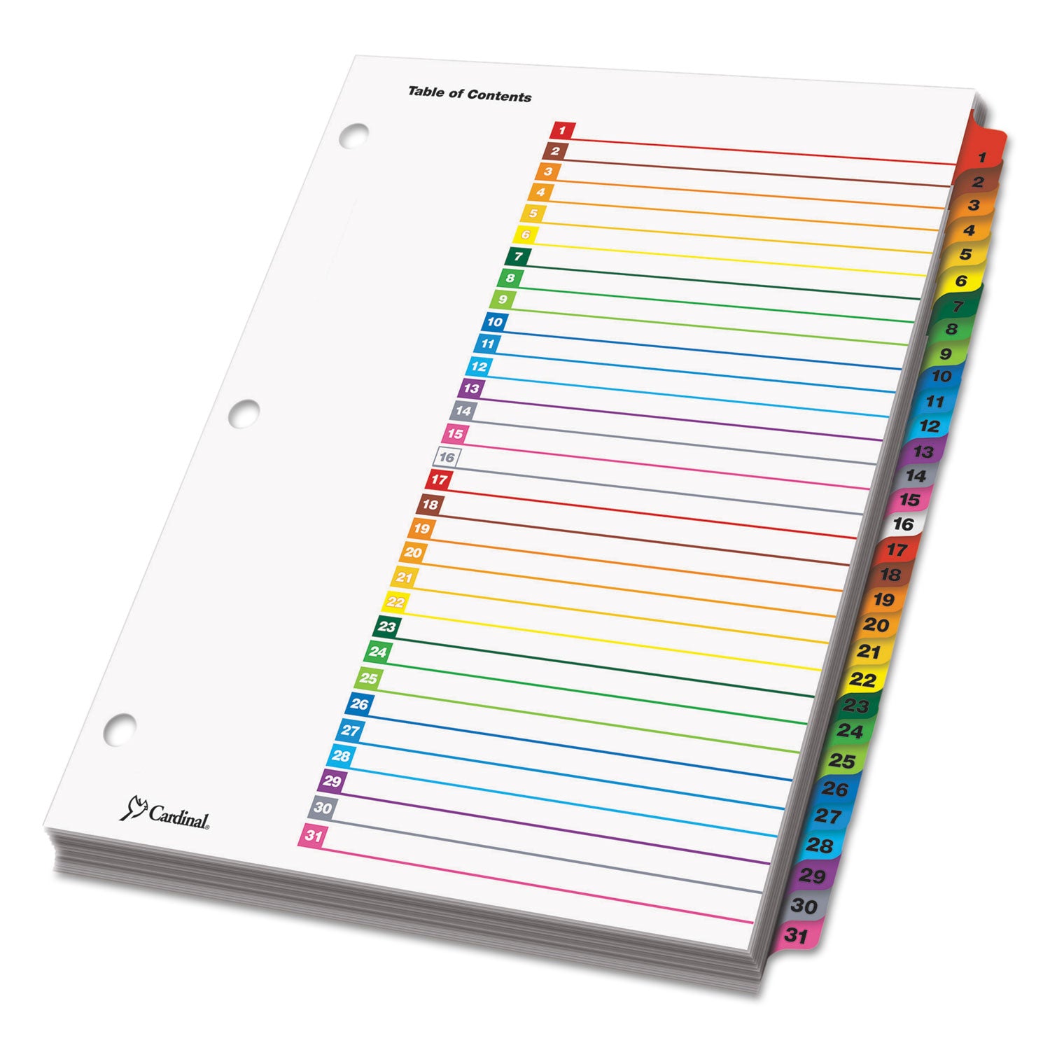 Cardinal OneStep Printable Table of Contents and Dividers, 31-Tab, 1 to 31, 11 x 8.5, White, Assorted Tabs, 1 Set (60118)