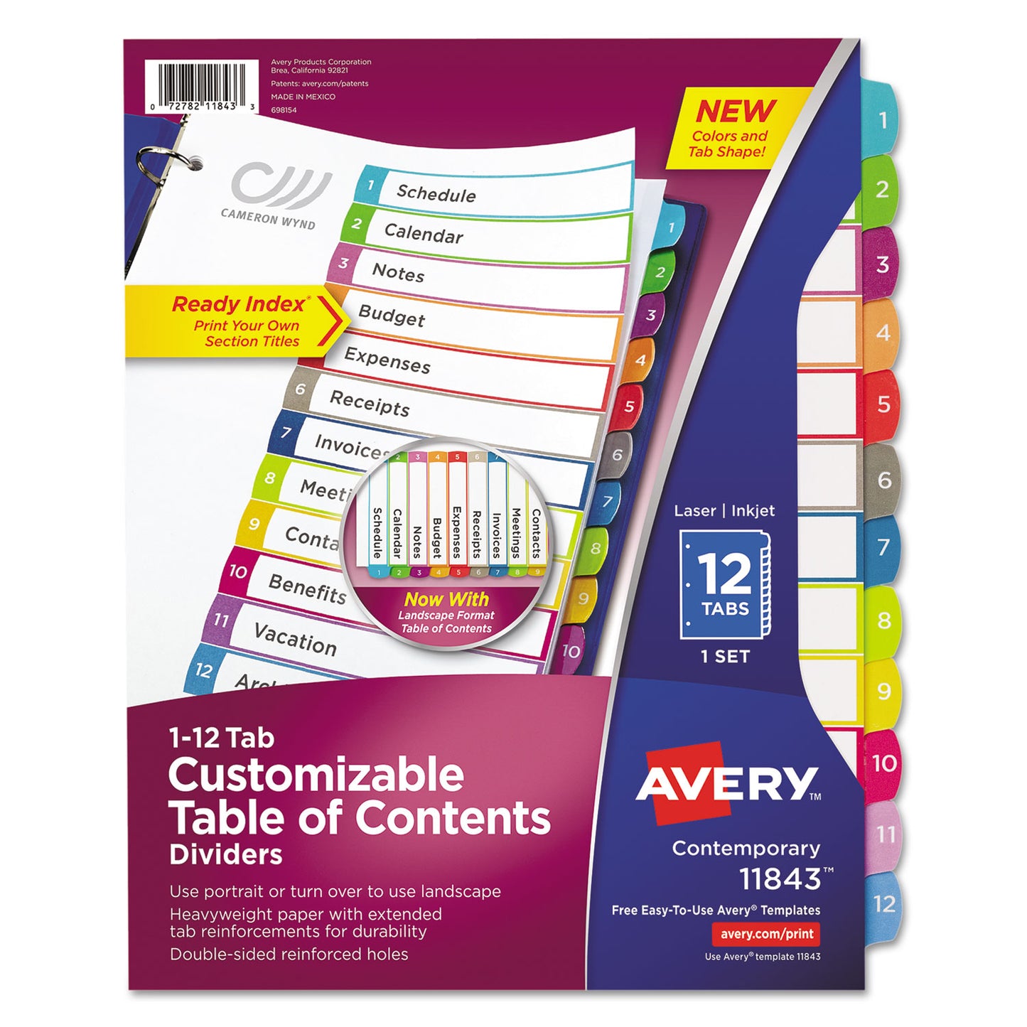 Avery Customizable TOC Ready Index Multicolor Tab Dividers, 12-Tab, 1 to 12, 11 x 8.5, White, Contemporary Color Tabs, 1 Set (11843)