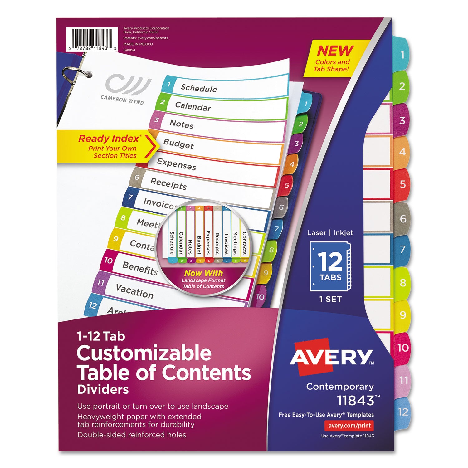 Avery Customizable TOC Ready Index Multicolor Tab Dividers, 12-Tab, 1 to 12, 11 x 8.5, White, Contemporary Color Tabs, 1 Set (11843)
