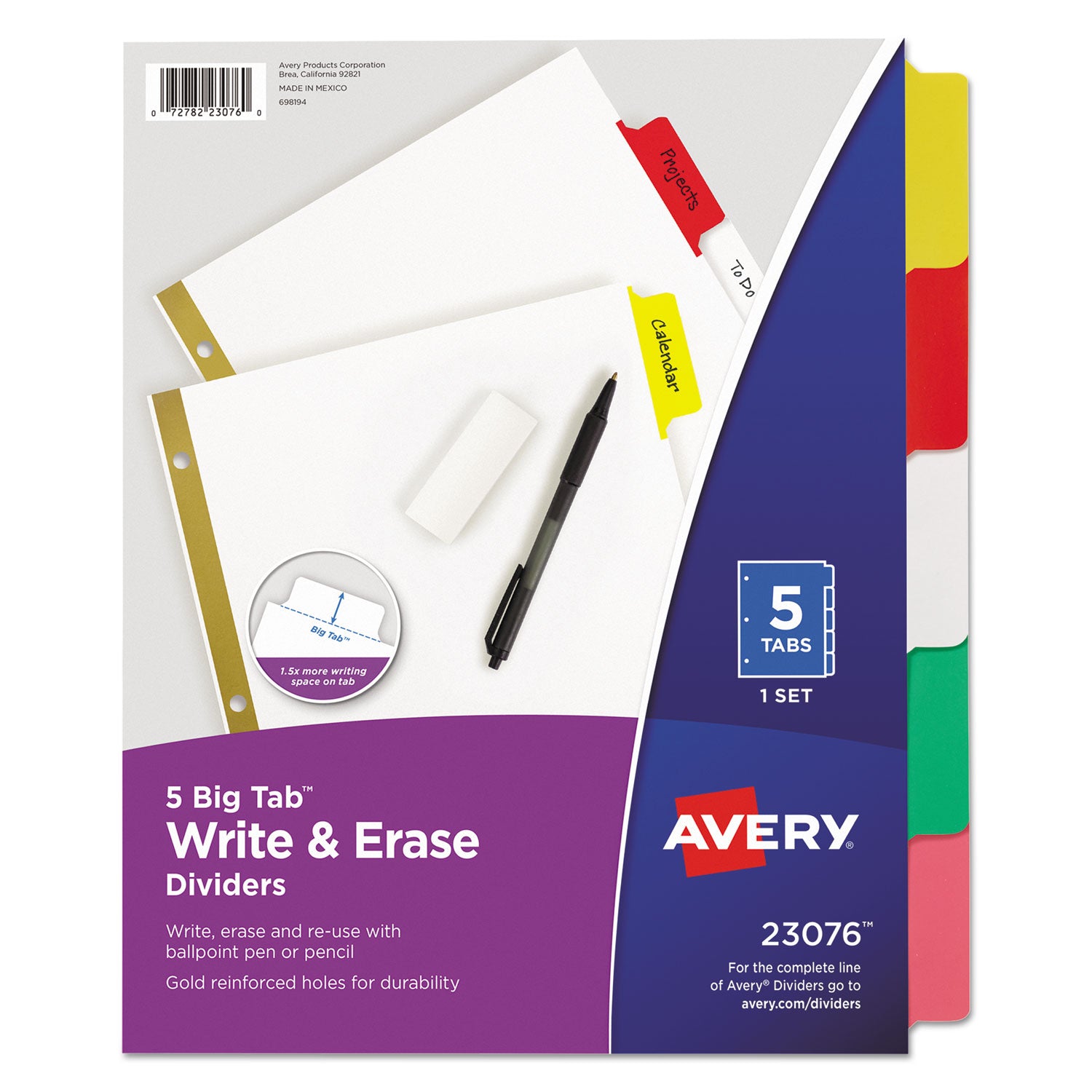 Avery Write and Erase Big Tab Paper Dividers, 5-Tab, 11 x 8.5, White, Assorted Tabs, 1 Set (23076)