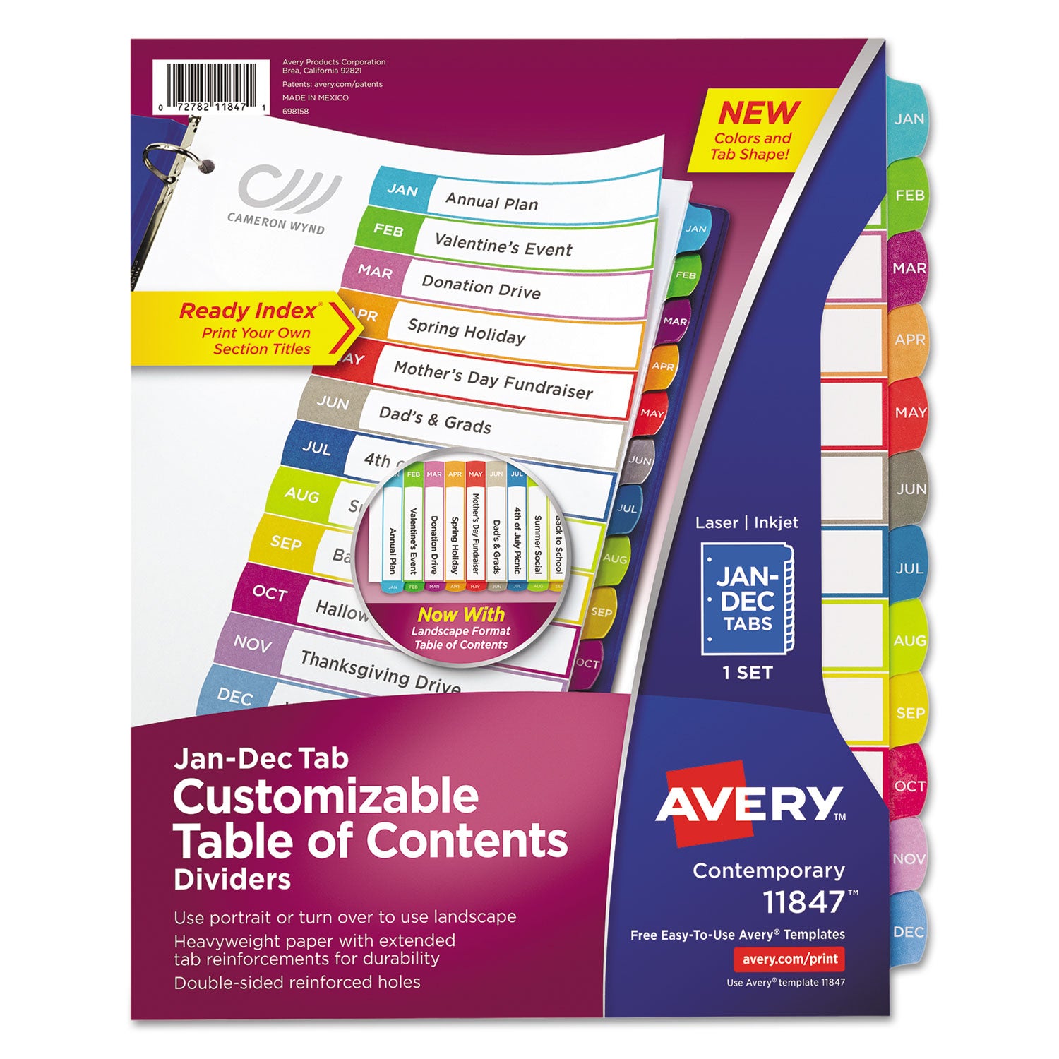 Avery Customizable TOC Ready Index Multicolor Tab Dividers, 12-Tab, Jan. to Dec., 11 x 8.5, White, Contemporary Color Tabs, 1 Set (11847)