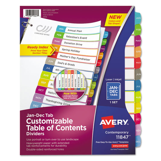 Avery Customizable TOC Ready Index Multicolor Tab Dividers, 12-Tab, Jan. to Dec., 11 x 8.5, White, Contemporary Color Tabs, 1 Set (11847)