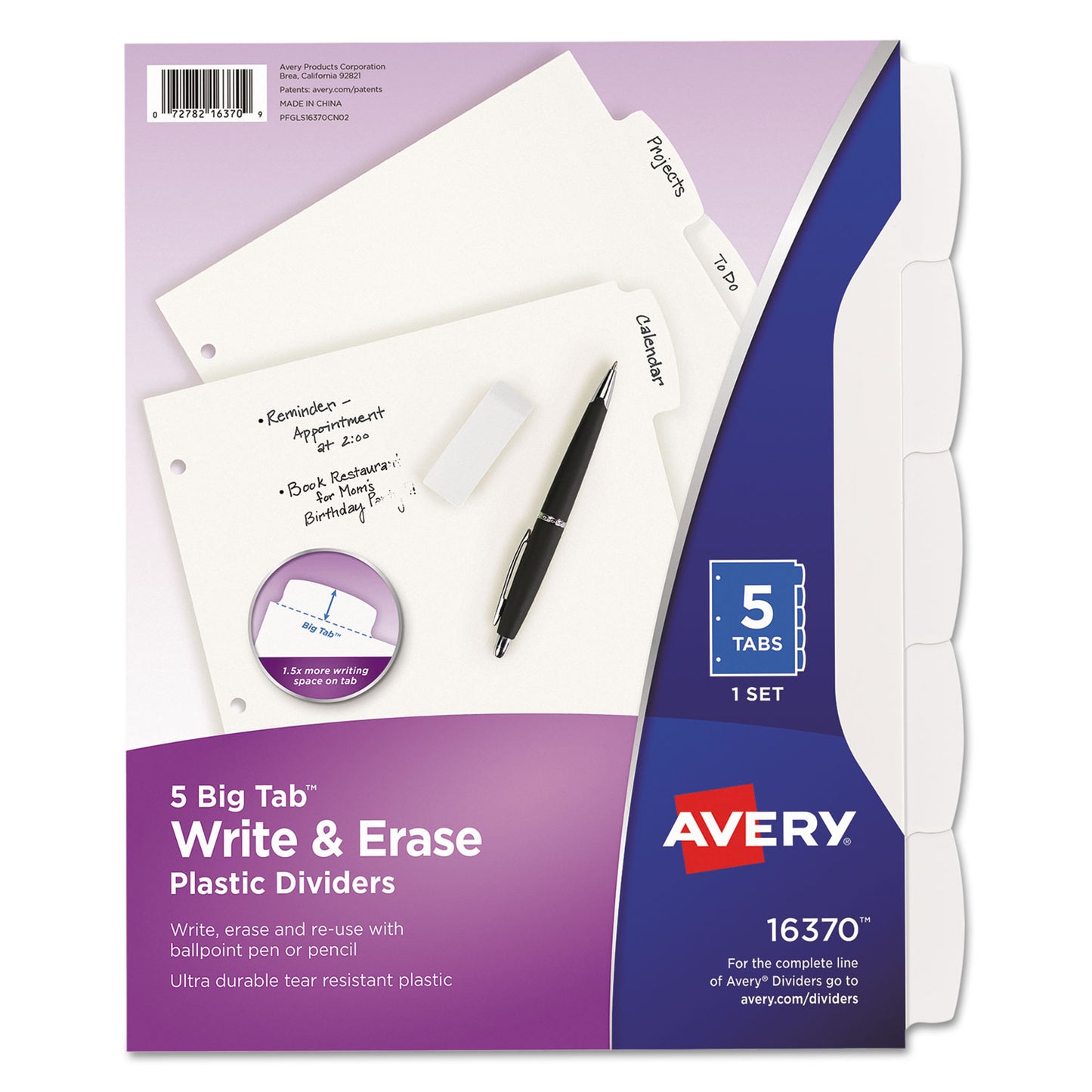 Avery Write and Erase Big Tab Durable Plastic Dividers, 3-Hole Punched, 5-Tab, 11 x 8.5, White, 1 Set (16370)