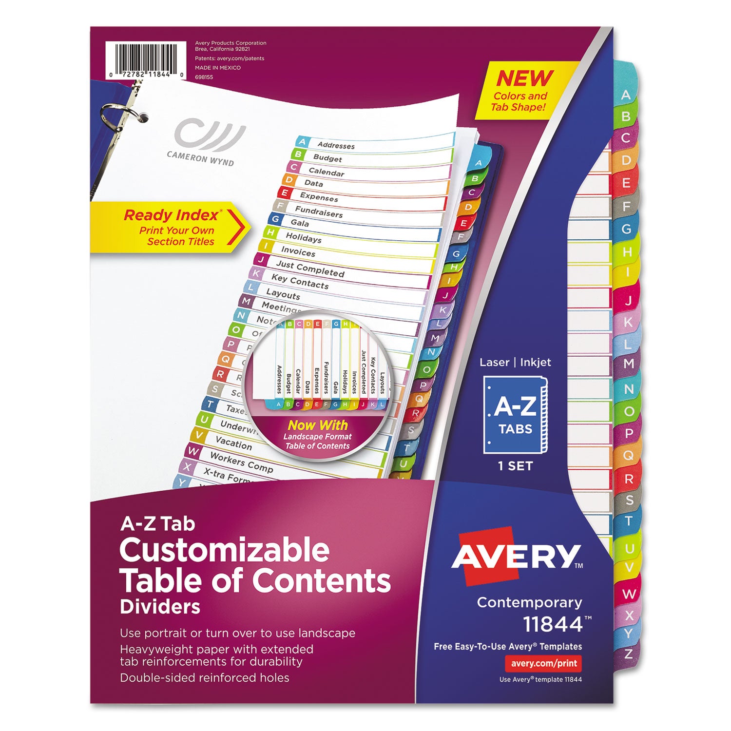 Avery Customizable TOC Ready Index Multicolor Tab Dividers, 26-Tab, A to Z, 11 x 8.5, White, Contemporary Color Tabs, 1 Set (11844)