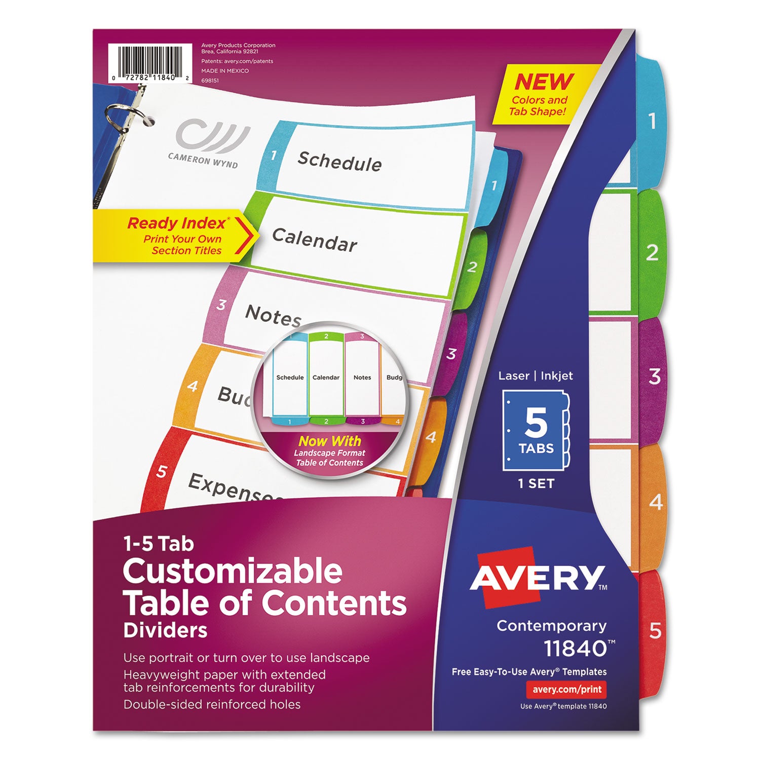 Avery Customizable TOC Ready Index Multicolor Tab Dividers, 5-Tab, 1 to 5, 11 x 8.5, White, Contemporary Color Tabs, 1 Set (11840)