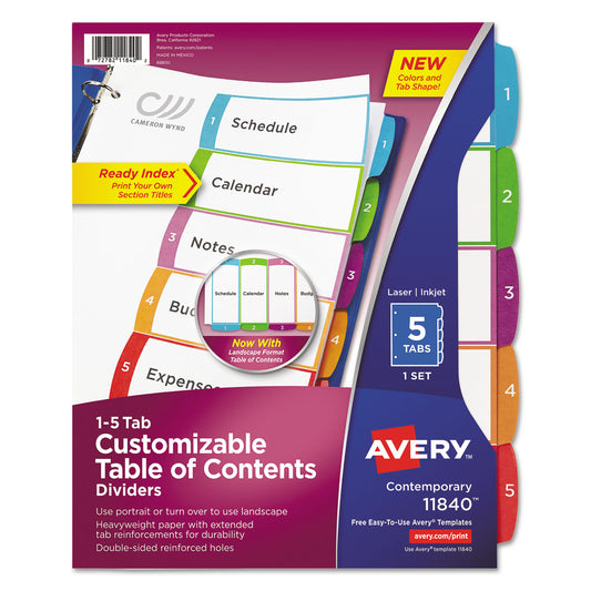 Avery Customizable TOC Ready Index Multicolor Tab Dividers, 5-Tab, 1 to 5, 11 x 8.5, White, Contemporary Color Tabs, 1 Set (11840)