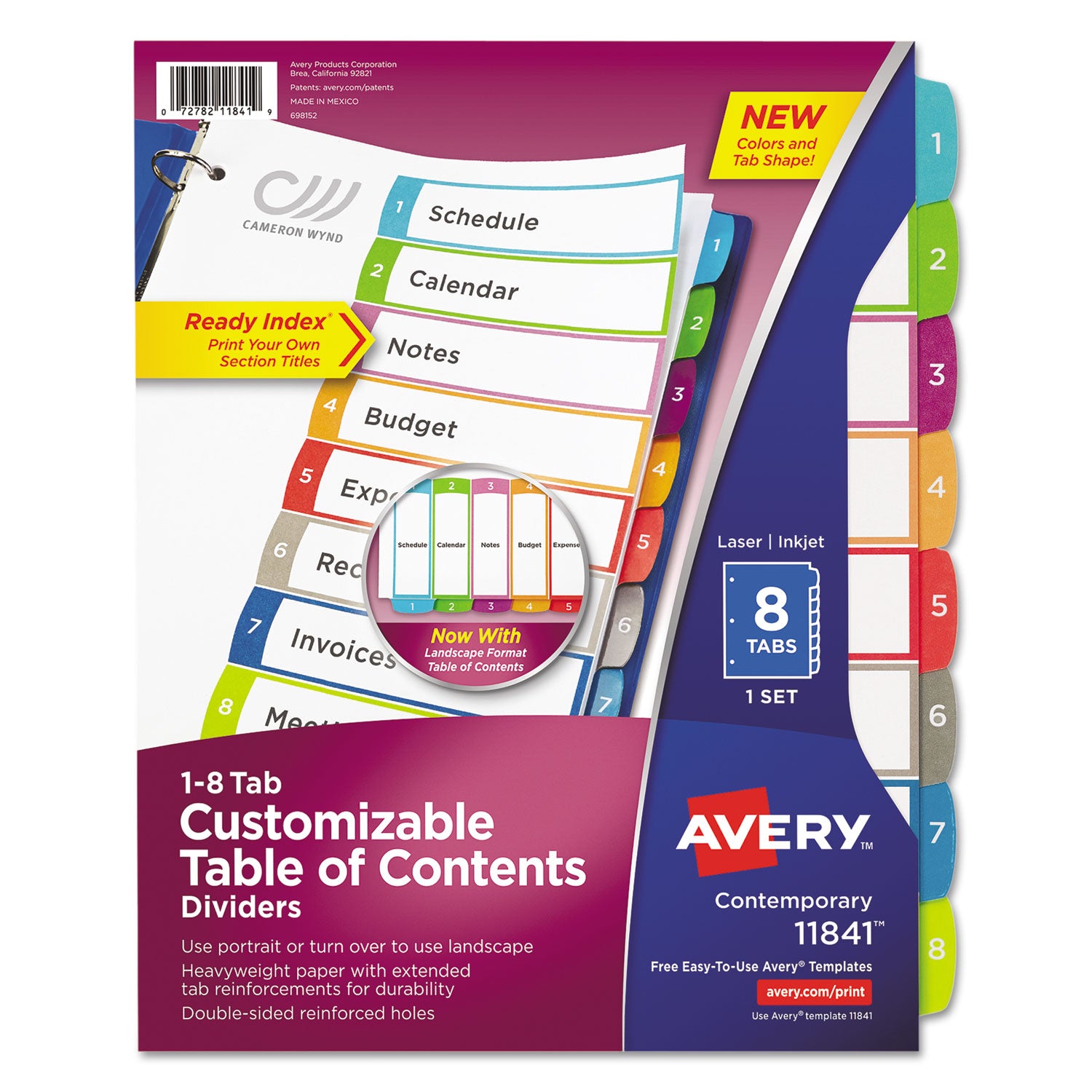 Avery Customizable TOC Ready Index Multicolor Tab Dividers, 8-Tab, 1 to 8, 11 x 8.5, White, Contemporary Color Tabs, 1 Set (11841)