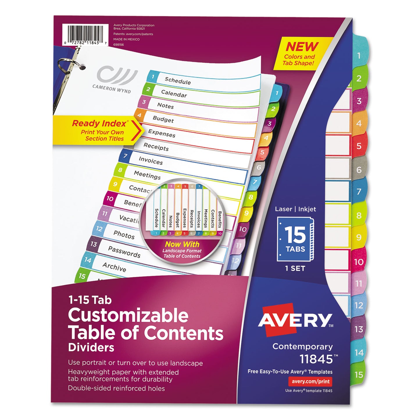 Avery Customizable TOC Ready Index Multicolor Tab Dividers, 15-Tab, 1 to 15, 11 x 8.5, White, Contemporary Color Tabs, 1 Set (11845)