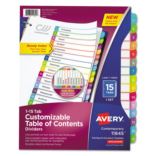 Avery Customizable TOC Ready Index Multicolor Tab Dividers, 15-Tab, 1 to 15, 11 x 8.5, White, Contemporary Color Tabs, 1 Set (11845)