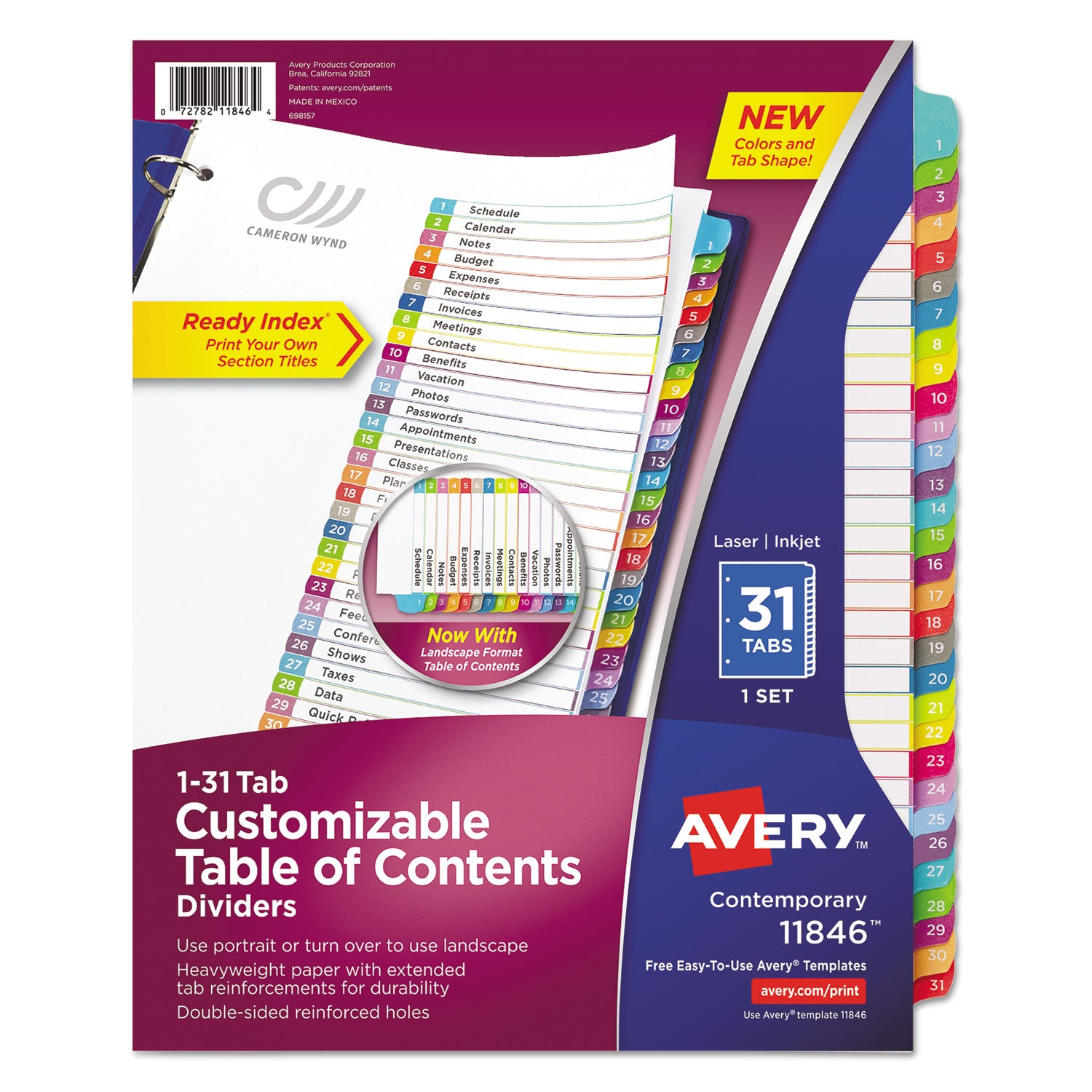 Avery Customizable TOC Ready Index Multicolor Tab Dividers, 31-Tab, 1 to 31, 11 x 8.5, White, Contemporary Color Tabs, 1 Set (11846)