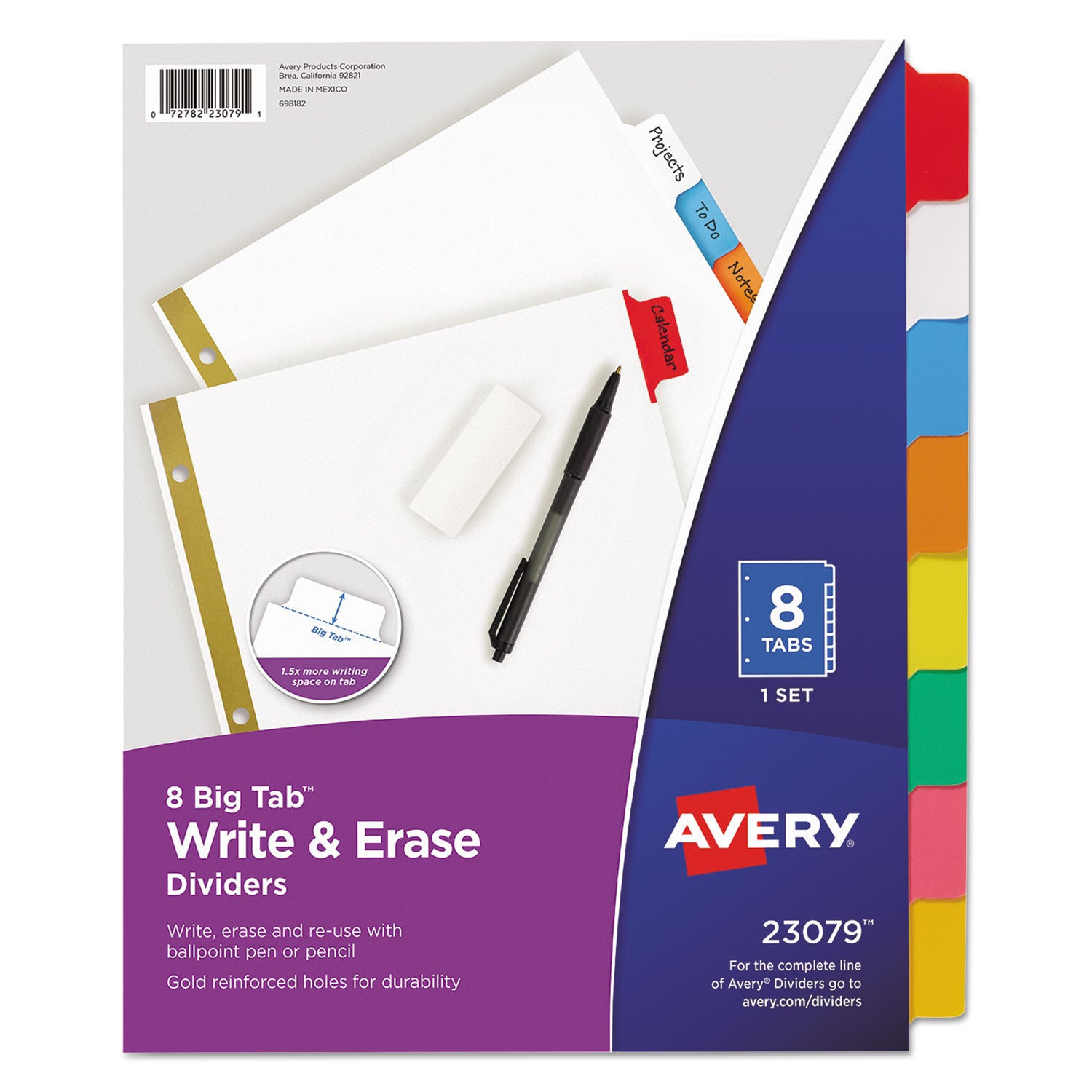 Avery Write and Erase Big Tab Paper Dividers, 8-Tab, 11 x 8.5, White, Assorted Tabs,1 Set (23079)