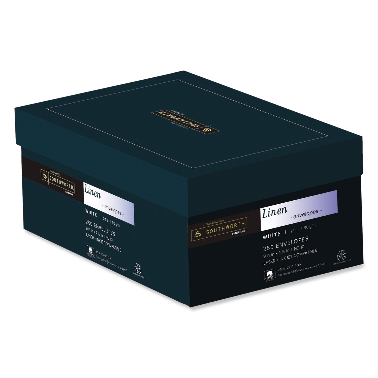 Southworth 25% Cotton Linen #10 Envelope, Commercial Flap, Gummed Closure, 4.13 x 9.5, White, 250/Box (J55410)