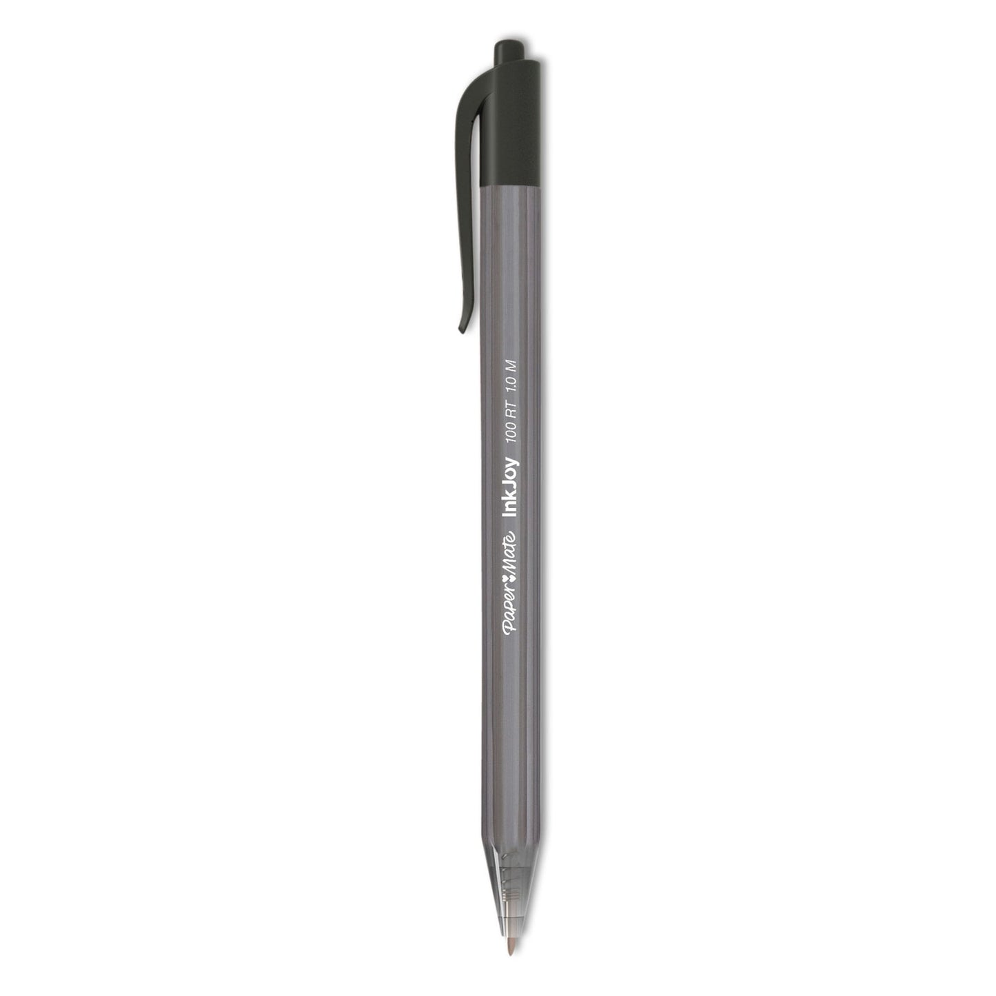 Paper Mate InkJoy 100 RT Ballpoint Pen, Retractable, Medium 1 mm, Black Ink, Smoke/Black Barrel, Dozen (1951254)