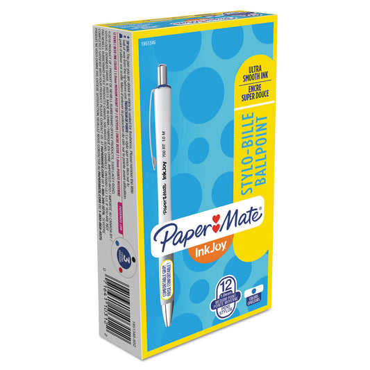 Paper Mate InkJoy 700 RT Ballpoint Pen, Retractable, Medium 1 mm, Blue Ink, White/Gray Barrel, Dozen (1951346)