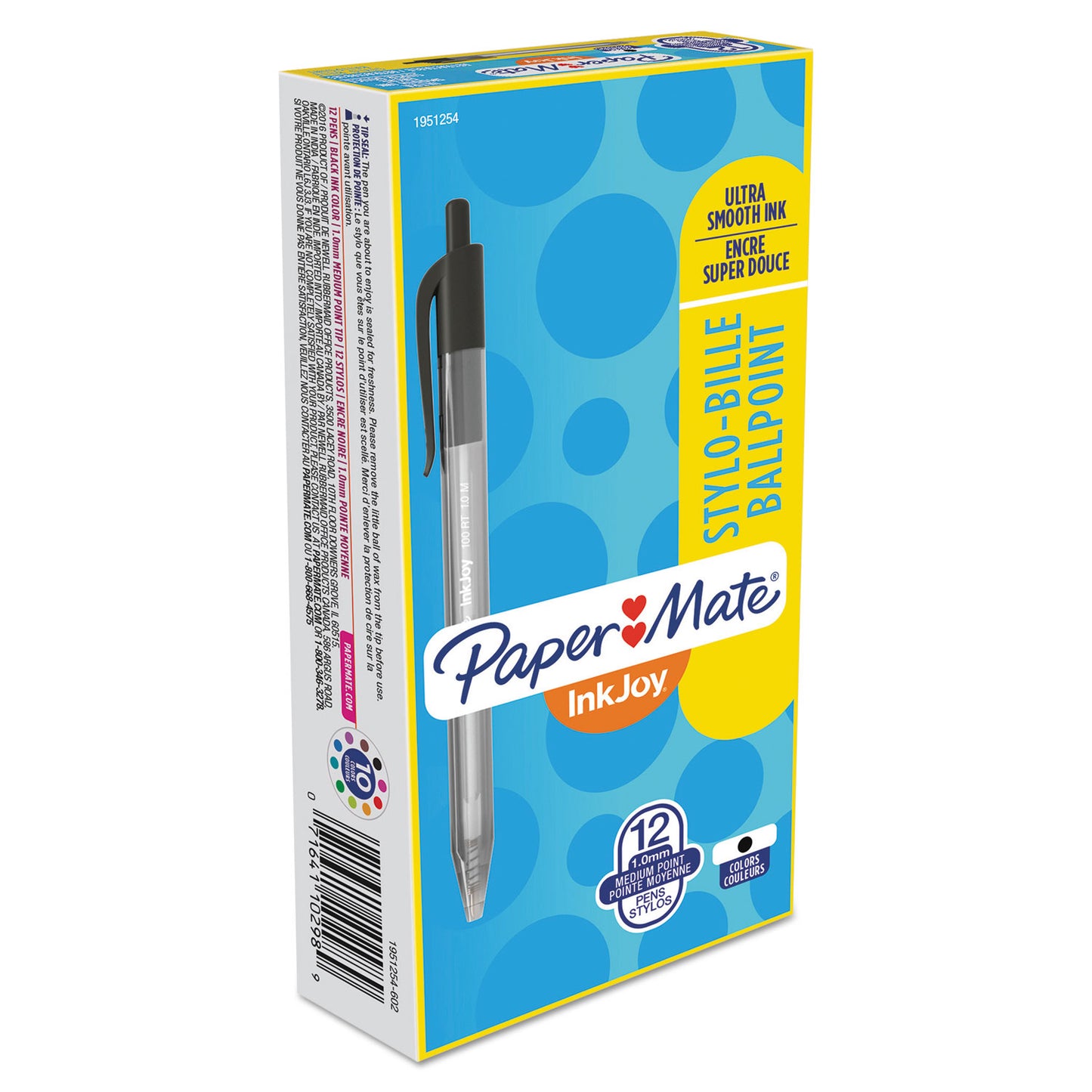 Paper Mate InkJoy 100 RT Ballpoint Pen, Retractable, Medium 1 mm, Black Ink, Smoke/Black Barrel, Dozen (1951254)