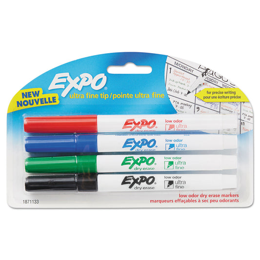 EXPO Low-Odor Dry-Erase Marker, Extra-Fine Bullet Tip, Assorted Colors, 4/Pack (1871133)