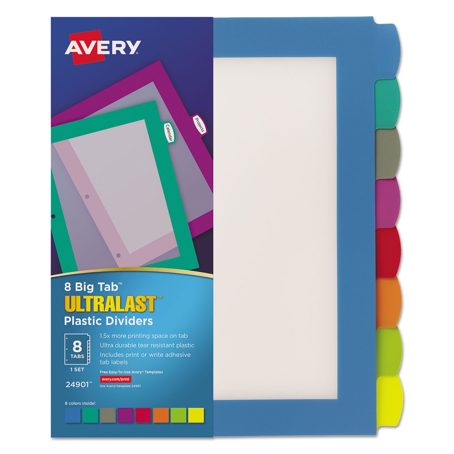 Avery Big Tab Ultralast Plastic Dividers, 8-Tab, 11 x 8.5, Assorted, 1 Set (24901)