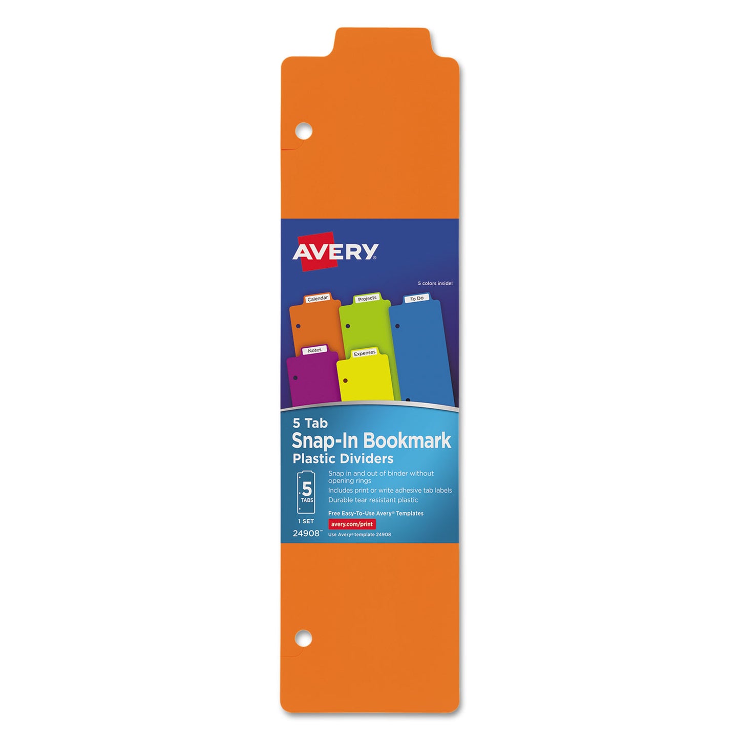 Avery Tabbed Snap-In Bookmark Plastic Dividers, 5-Tab, 11.5 x 3, Assorted, 1 Set (24908)