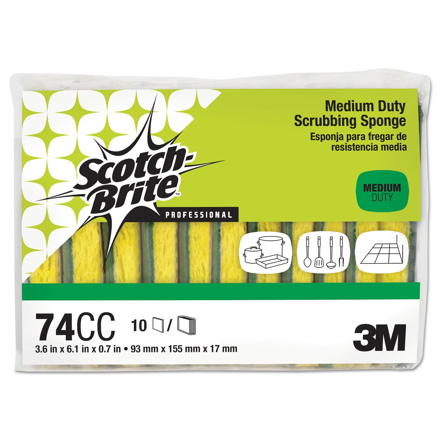 Scotch-Brite Medium-Duty Scrubbing Sponge, 3.6 x 6.1, 0.7" Thick, Yellow/Green, 10/Pack (74CC)