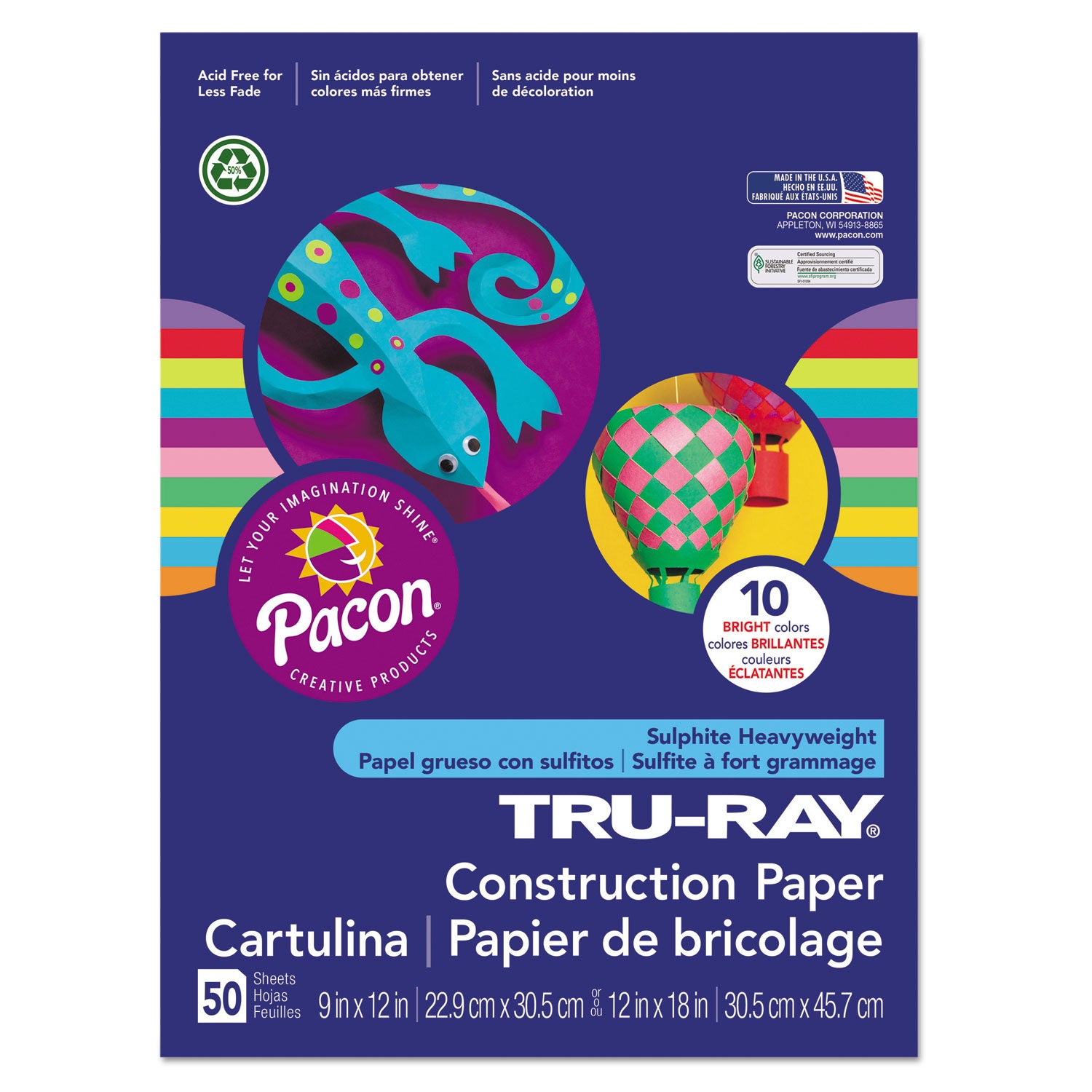 Pacon Tru-Ray Construction Paper, 76 lb Text Weight, 12 x 18, Assorted Bright Colors, 50/Pack (102941)