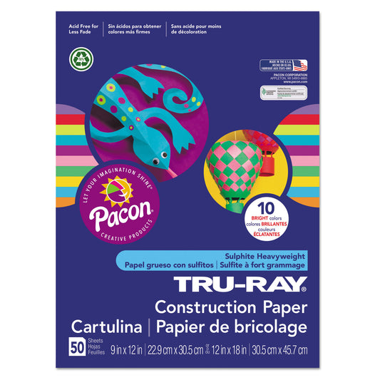 Pacon Tru-Ray Construction Paper, 76 lb Text Weight, 12 x 18, Assorted Bright Colors, 50/Pack (102941)