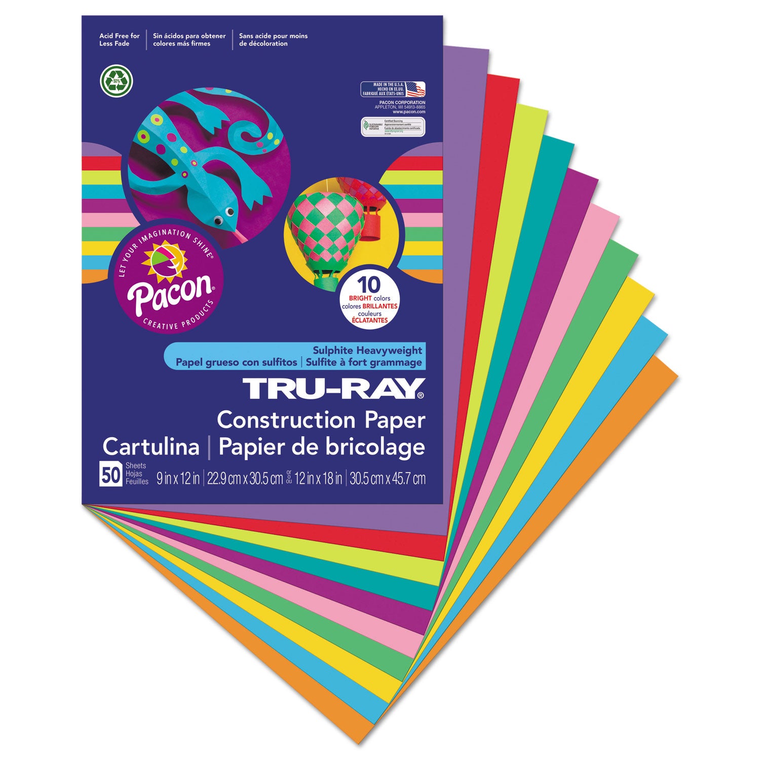 Pacon Tru-Ray Construction Paper, 76 lb Text Weight, 9 x 12, Assorted Bright Colors, 50/Pack (102940)
