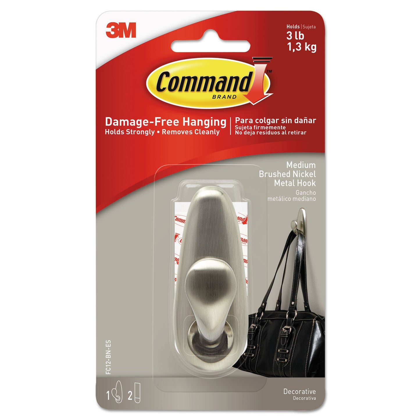 Command Adhesive Mount Metal Hook, Medium, Brushed Nickel Finish, 3 lb Capacity, 1 Hook and 2 Strips (FC12BNES)