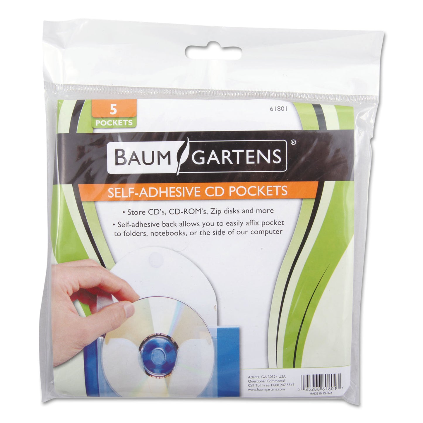 Baumgartens CD Pocket, 1 Disc Capacity, Clear/White, 5/Pack (61801)