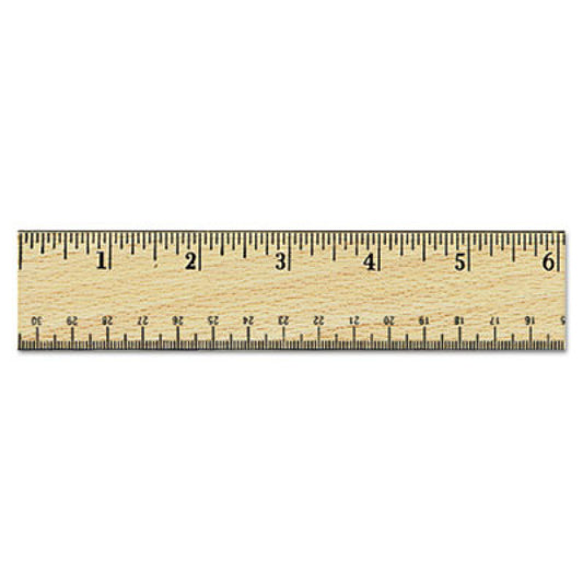 Flat Wood Ruler w/Double Metal Edge, Standard, 12" Long, Clear Lacquer Finish