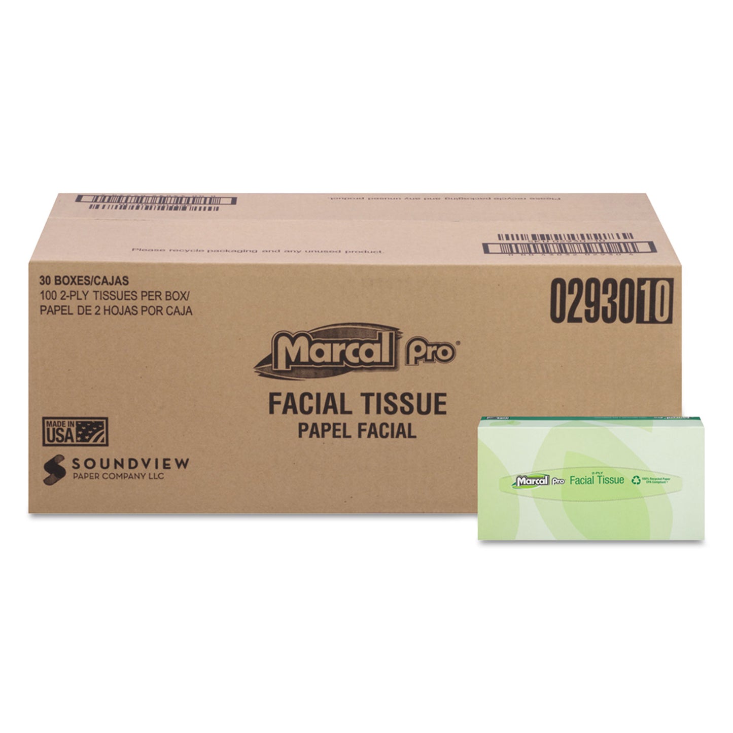 Marcal PRO 100% Recycled Convenience Pack Facial Tissue, Septic Safe, 2-Ply, White, 100 Sheets/Box, 30 Boxes/Carton (2930)