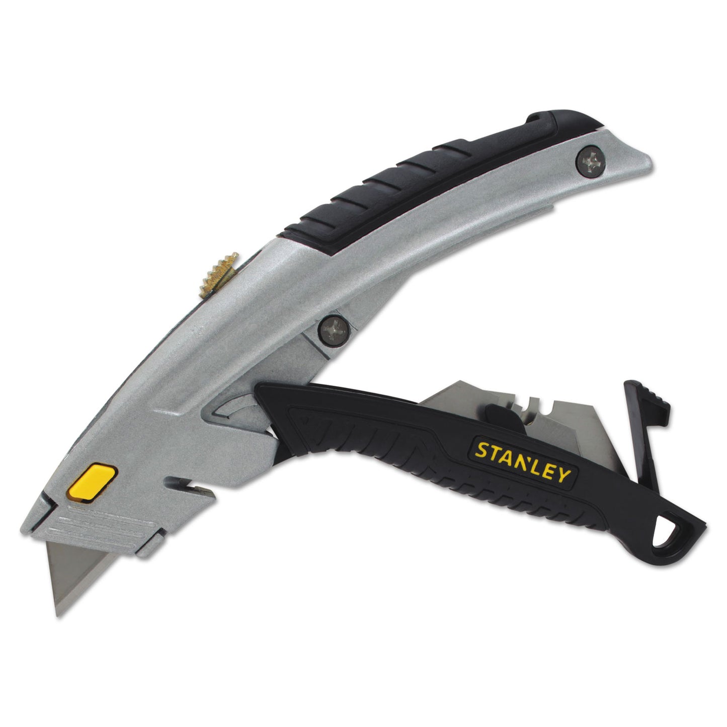 Stanley Curved Quick-Change Utility Knife, Stainless Steel Retractable Blade, 3 Blades, 6.5" Metal Handle, Black/Chrome (10788)