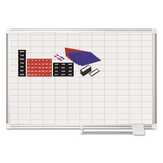 MasterVision Gridded Magnetic Steel Dry Erase Planning Board with Accessories, 1 x 2 Grid, 36 x 24, White Surface, Silver Aluminum Frame (MA0392830A)