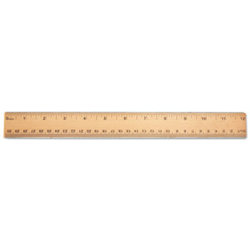 Flat Wood Ruler w/Double Metal Edge, Standard, 12" Long, Clear Lacquer Finish