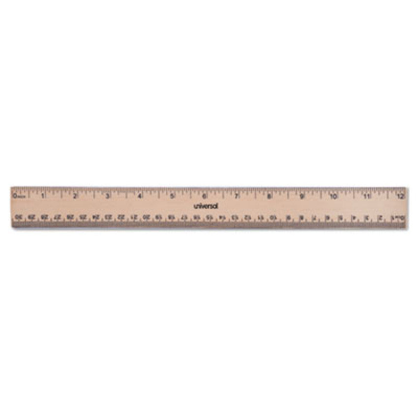 Flat Wood Ruler w/Double Metal Edge, Standard, 12" Long, Clear Lacquer Finish