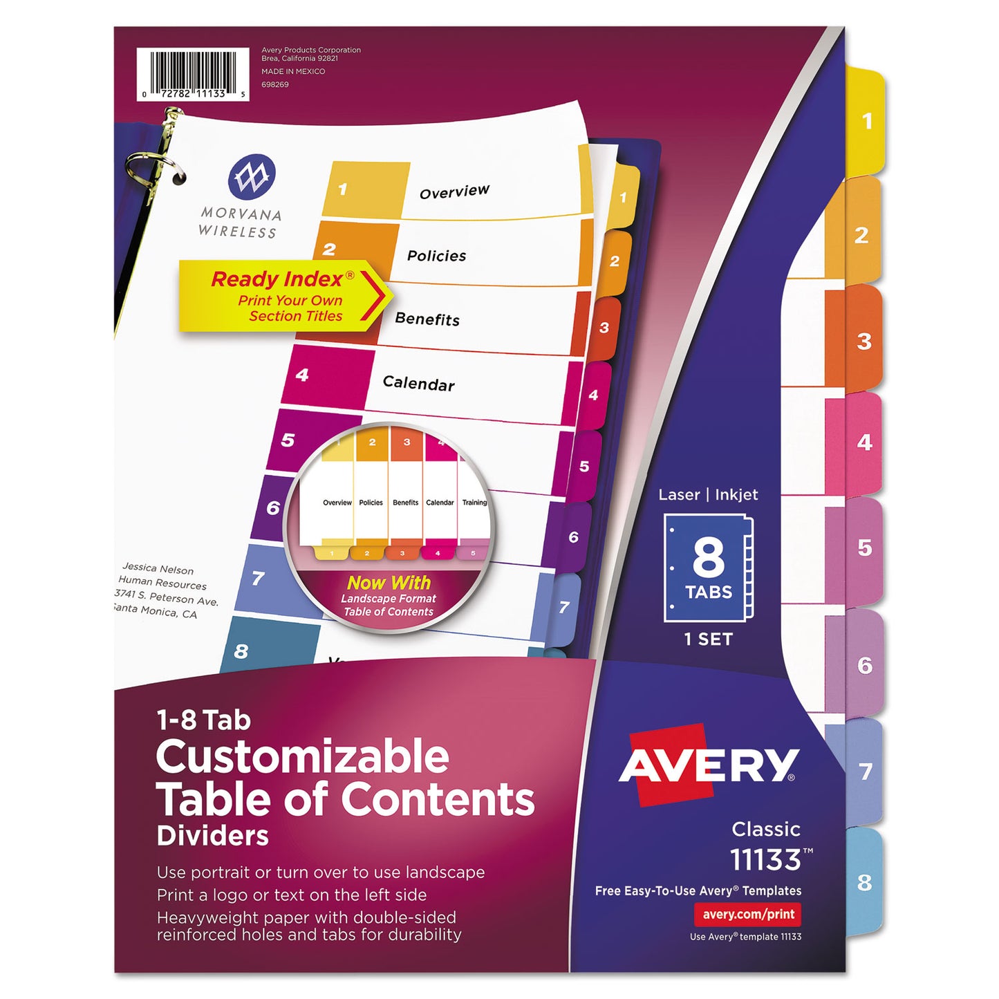 Avery Customizable TOC Ready Index Multicolor Tab Dividers, 8-Tab, 1 to 8, 11 x 8.5, White, Traditional Color Tabs, 1 Set (11133)