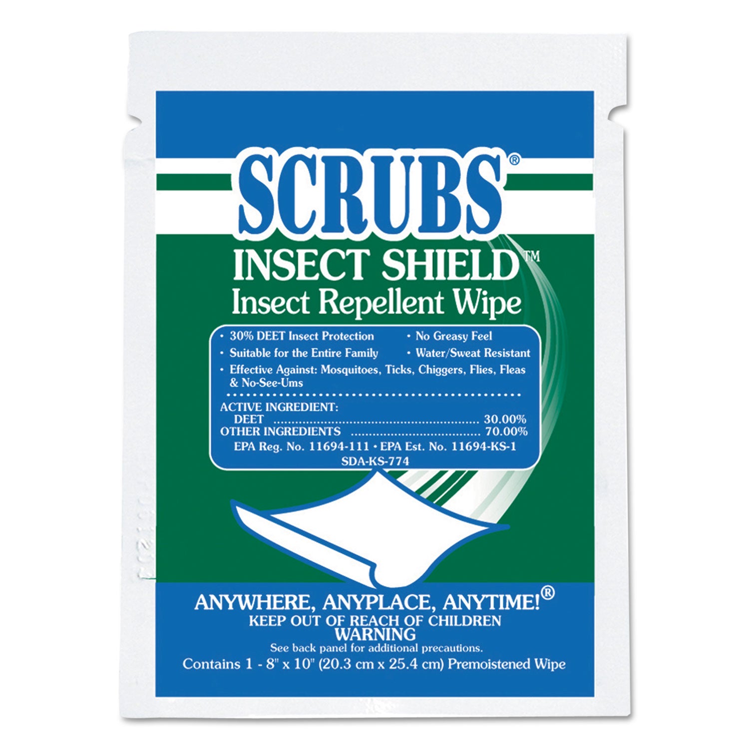 SCRUBS Insect Shield Insect Repellent Wipes, 8 x 10, Floral, 100/Carton (91401)