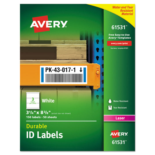 Avery Durable Permanent ID Labels with TrueBlock Technology, Laser Printers, 3.25 x 8.38, White, 3/Sheet, 50 Sheets/Pack (61531)