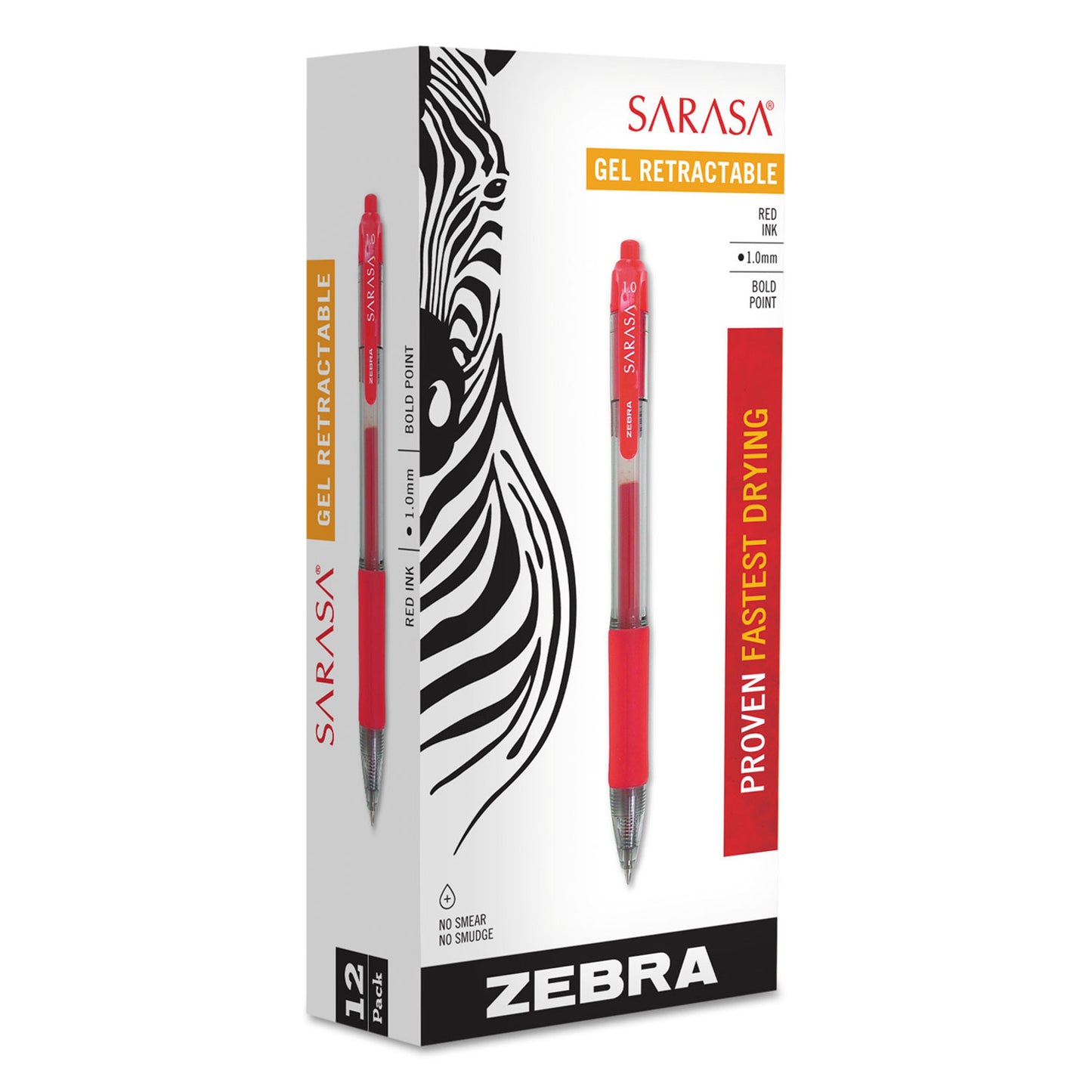 Zebra Sarasa Dry Gel X20 Gel Pen, Retractable, Bold 1 mm, Red Ink, Clear/Red Barrel, Dozen (46630)