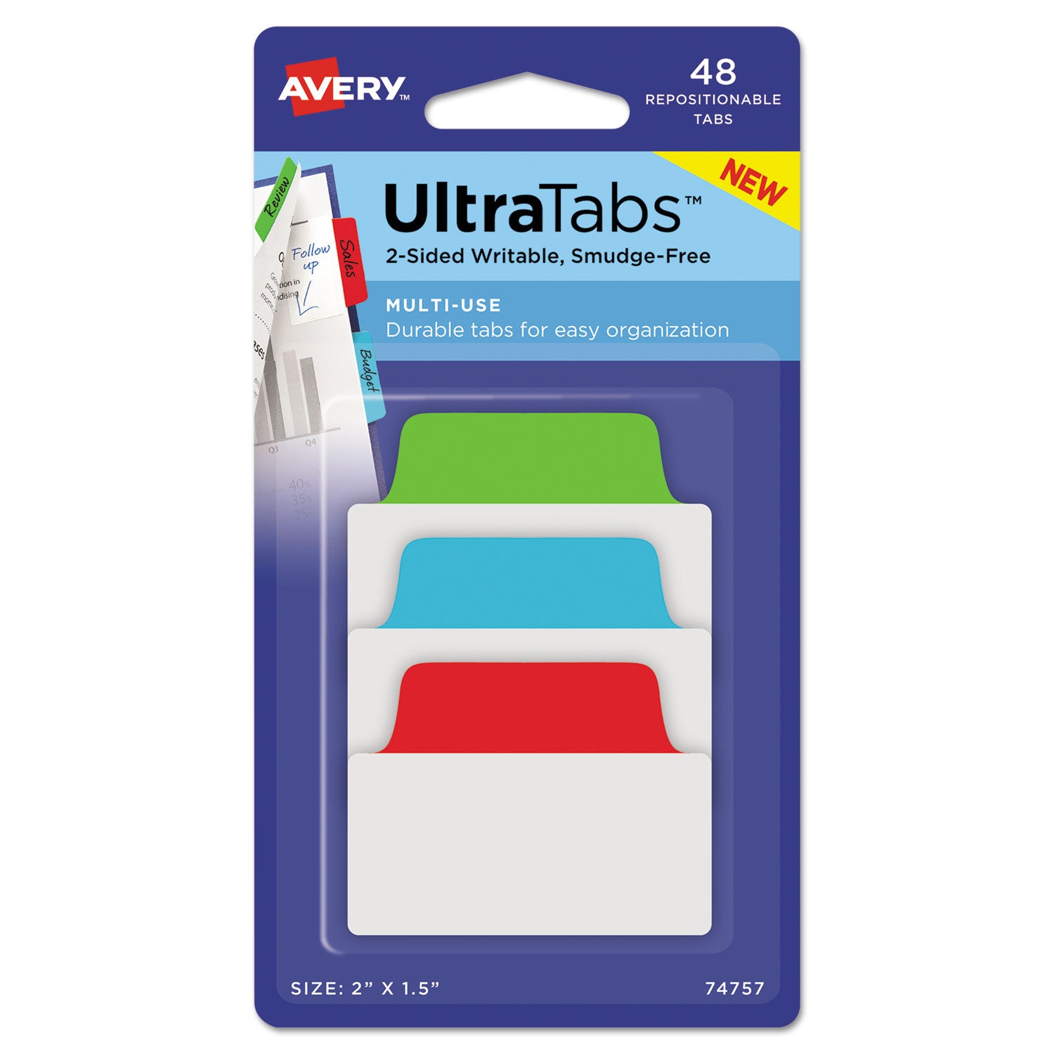 Avery Ultra Tabs Repositionable Tabs, Standard: 2" x 1.5", 1/5-Cut, Assorted Colors (Blue, Green and Red), 48/Pack (74757)