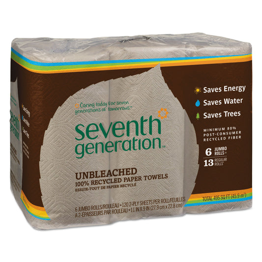 Seventh Generation Natural Unbleached 100% Recycled Paper Kitchen Towel Rolls, 2-Ply, 11 x 9, 120/Roll, 6 Rolls/Pack (13737PK)