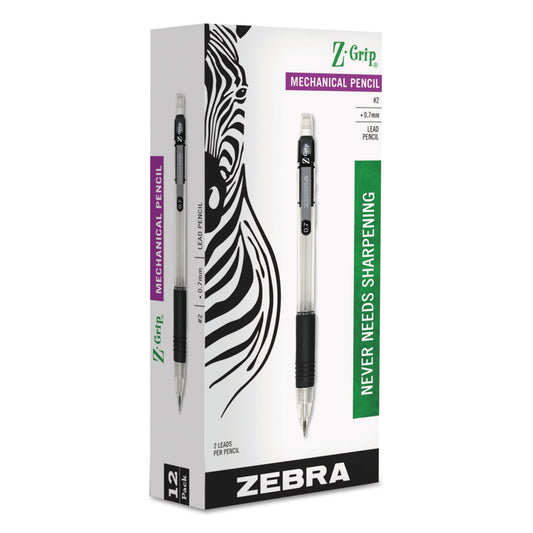 Zebra Z-Grip Mechanical Pencil, 0.7 mm, HB (#2), Black Lead, Clear/Black Barrel, Dozen (52410)