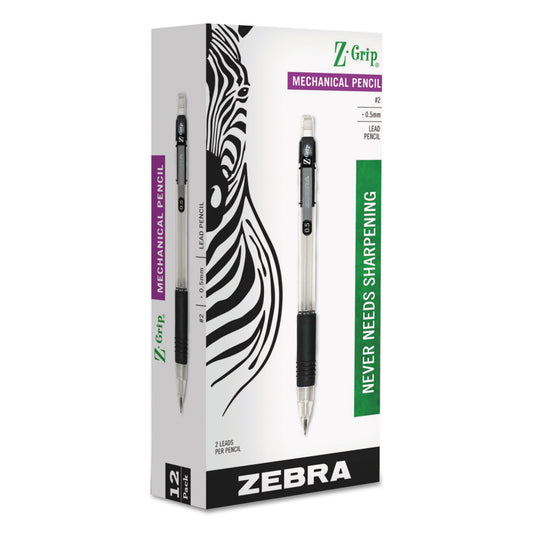 Zebra Z-Grip Mechanical Pencil, 0.5 mm, HB (#2), Black Lead, Clear/Black Barrel, Dozen (52310)