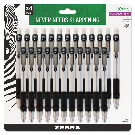 Zebra Z-Grip Mechanical Pencil, 0.7 mm, HB (#2), Black Lead, Clear/Black Barrel, 24/Pack (15241)